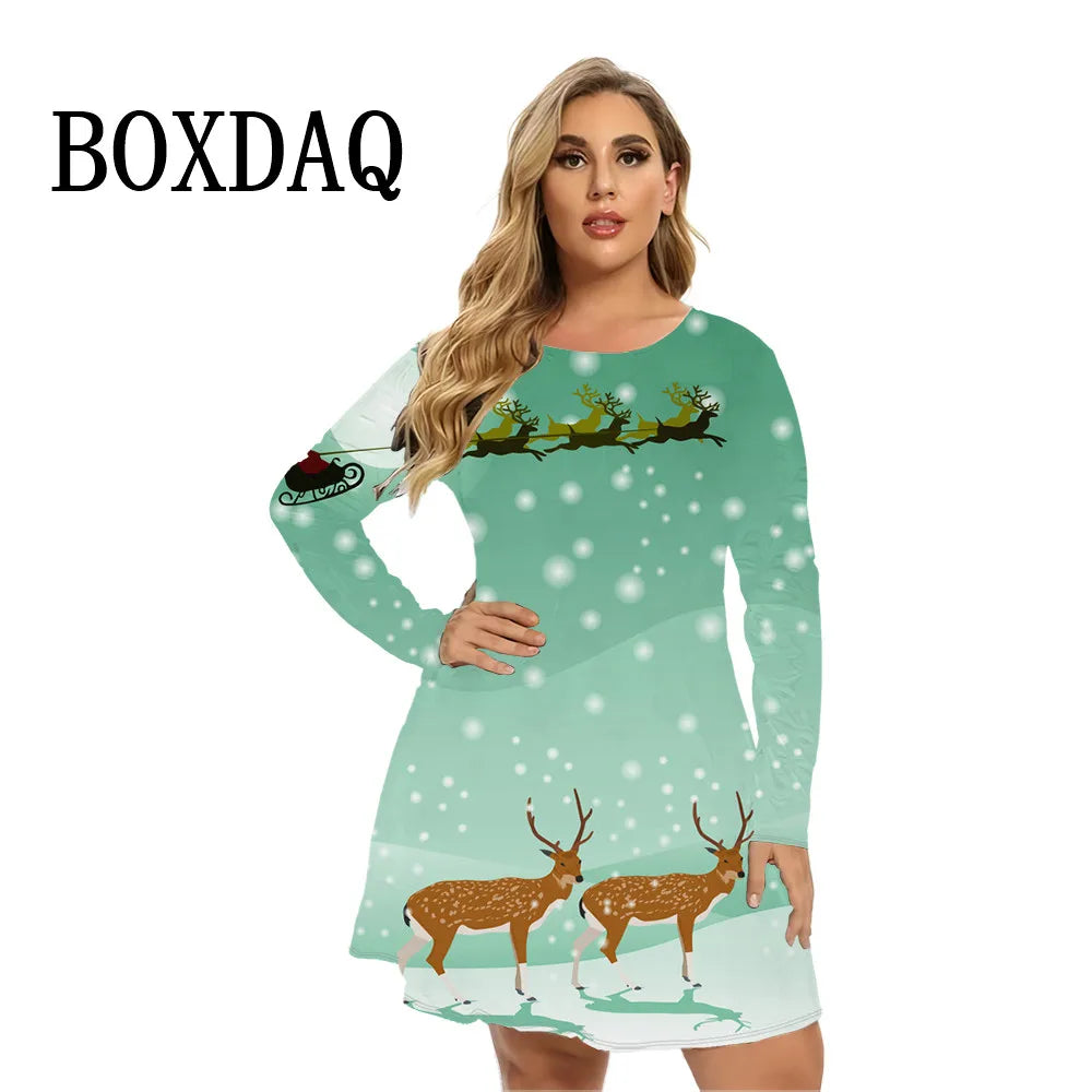 Funny Christmas Print Women Dresses Long Sleeve Casual Sunflowers Loose Plus Size Clothing Fashion Ladies Hip Hop Dress 2024 9XL