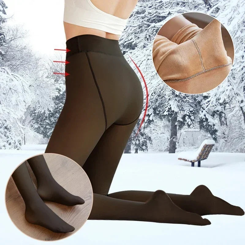 Winter Warm Fleece Lined Tights Pantyhose Women Warm Socks High Waist Thermal Stocking Insulated Pants Fake Translucent Leggings