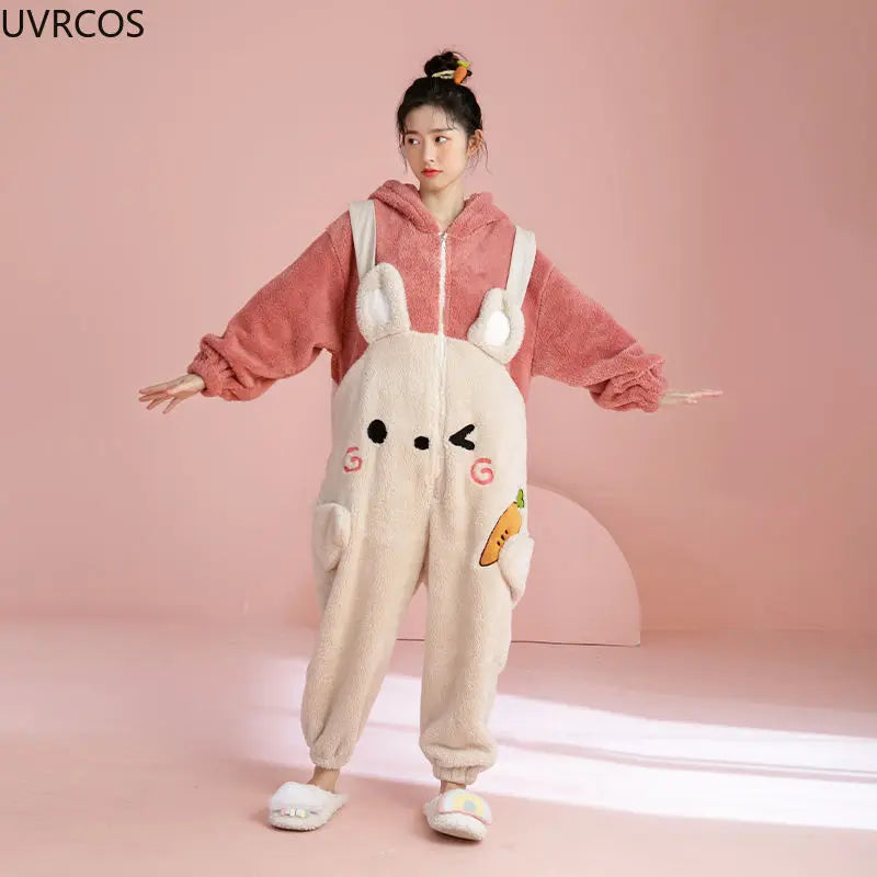 Sweet Cute Warm Couple Pajamas Cartoon Onesies Winter Kawaii Bunny Ears Hooded Women Sleepwear Home Clothes Men Pyjamas Jumpsuit