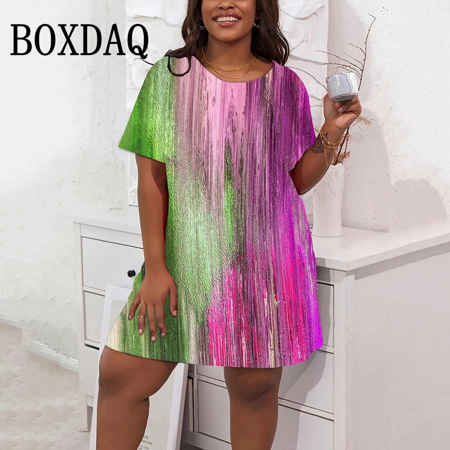 Tie Dyed Printed Dresses For Women Summer O-Neck Female Clothing Fashion New Short Sleeve Dress Streetwear Retro Plus Size 9XL