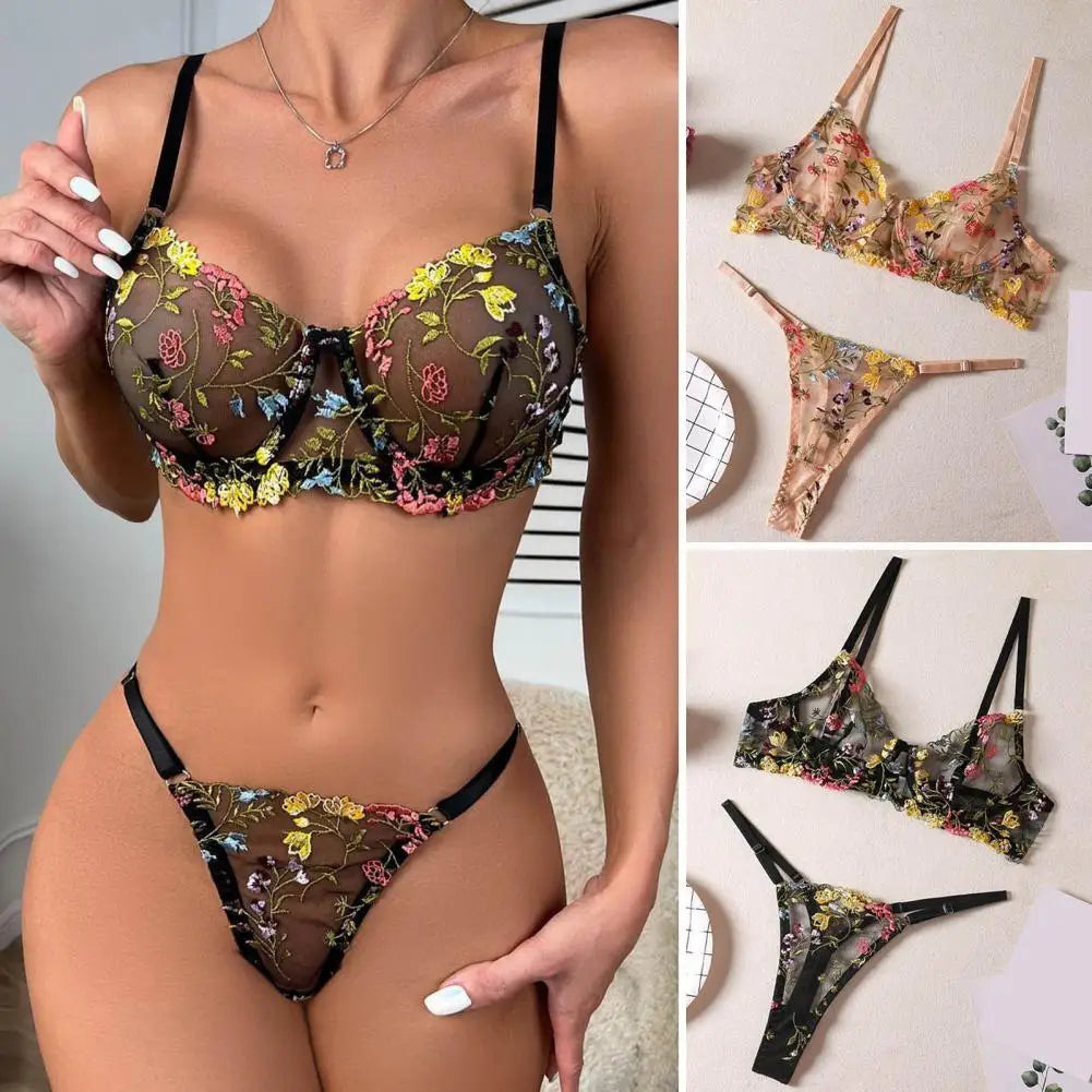 Floral Embroidery Lingerie Set Women Sheer 2-Piece Boho Bra + Panty Underwear Set Intimates